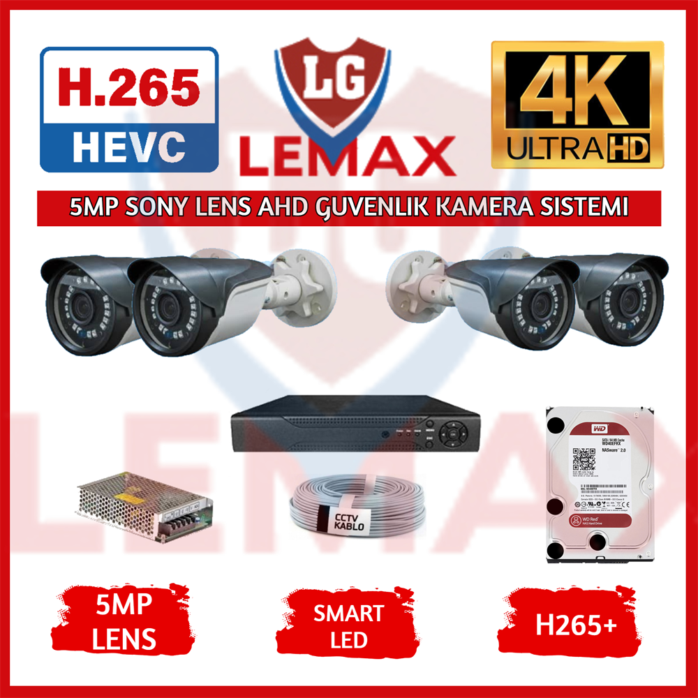 Lemax 4 Kameralı Güvenlik Sistemi 5 MP Sony Lens Gece Görüşlü Full HD