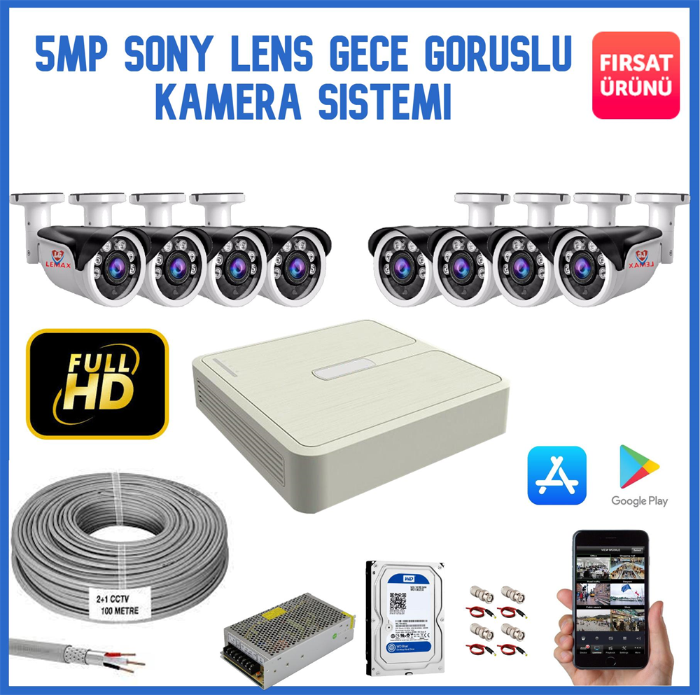 8 Kameralı 5 MP Sony Lens Gece Görüşlü AHD Güvenlik Kamerası Sistemi
