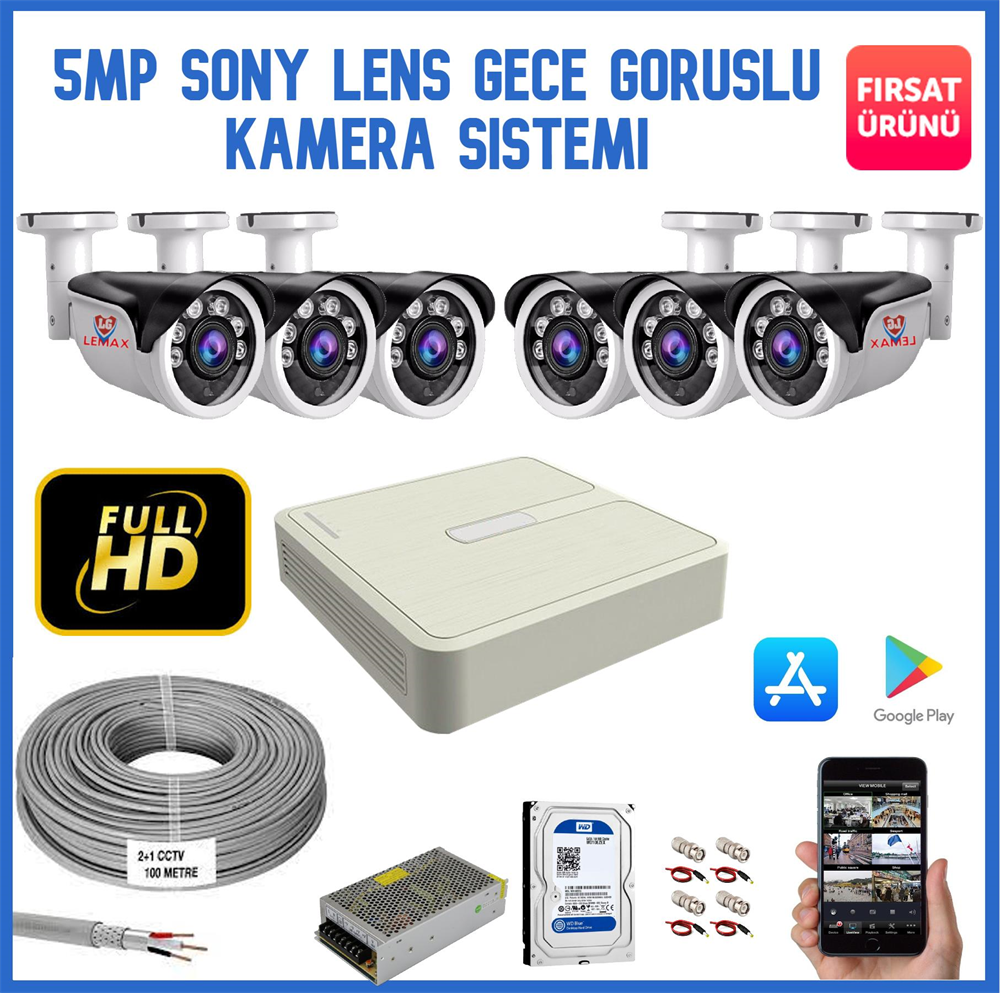 6 Kameralı 5 MP Sony Lens Gece Görüşlü AHD Güvenlik Kamerası Sistemi