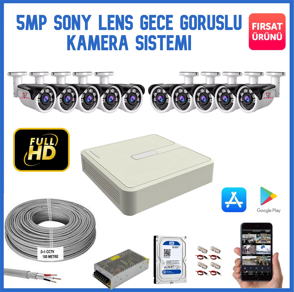 10 Kameralı 5 MP Sony Lens Gece Görüşlü AHD Güvenlik Kamerası Sistemi