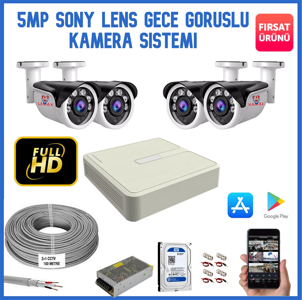 4 Kameralı 5 MP Sony Lens Gece Görüşlü AHD Güvenlik Kamerası Sistemi