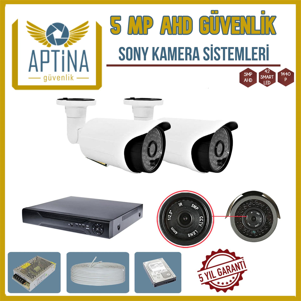 2 Kameralı 5 MP Sony Aptina Lens Güvenlik Kamerası Sistemleri